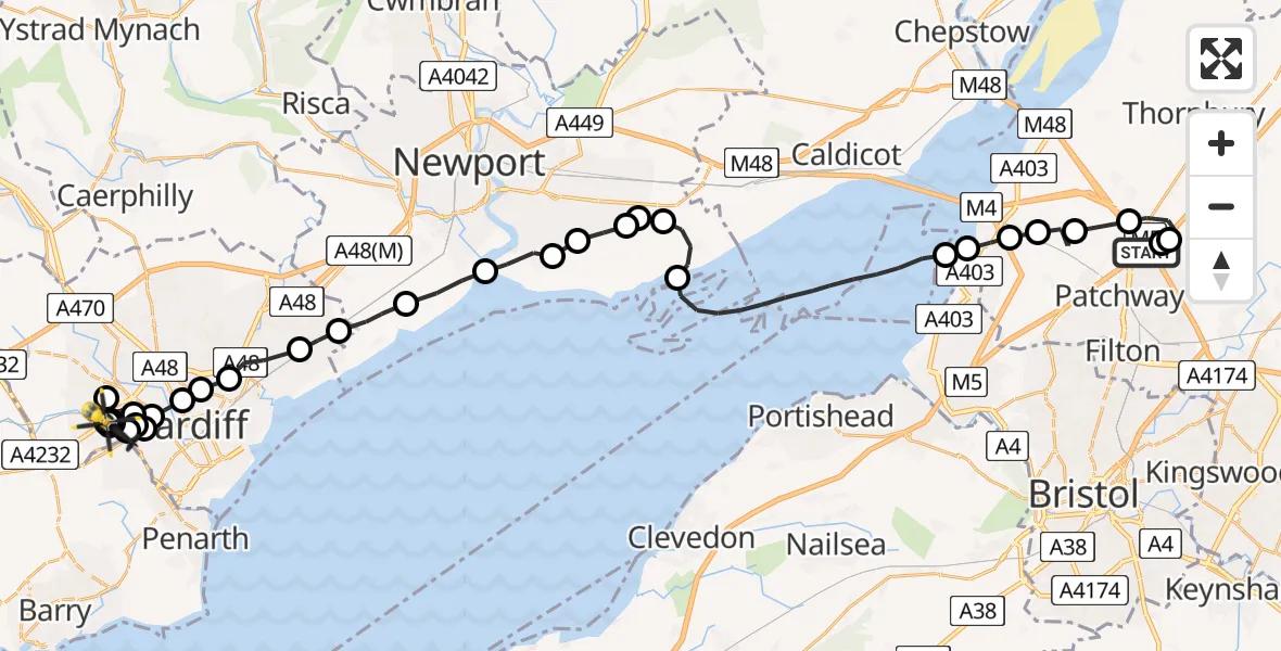 Flight path map showing Police Helicopter route from Almondsbury Helicopter Base to Caerau