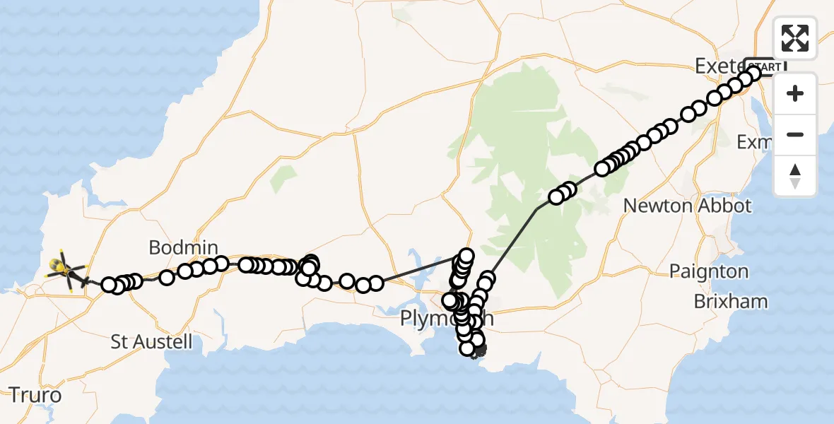 Flight path map showing Police Helicopter route from Clyst St Mary to St. Columb Major