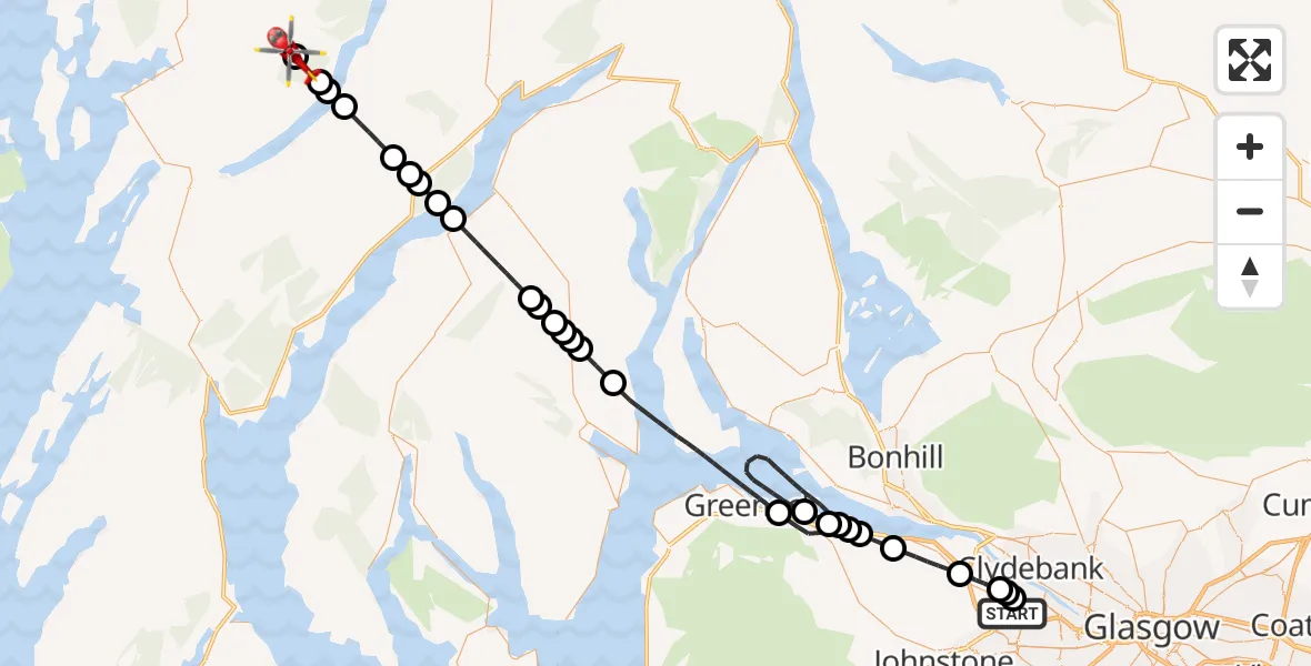Flight path map showing Air Ambulance Helicopter route from Glasgow Airport to Argyll and Bute