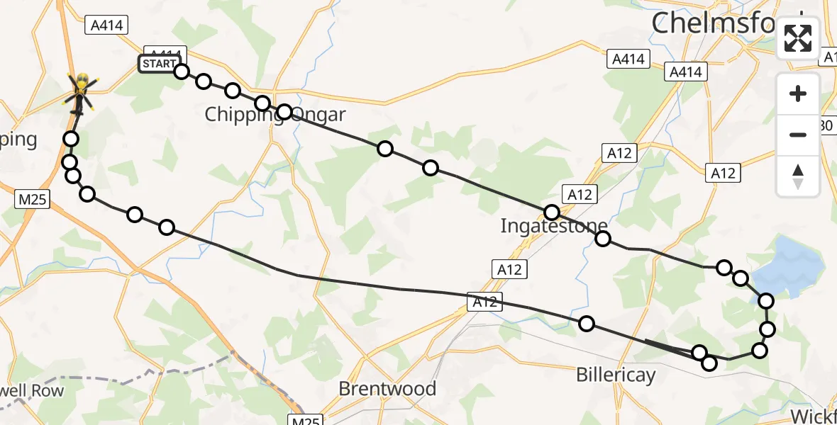 Flight path map showing Police Helicopter route from Epping Forest to Coopersale