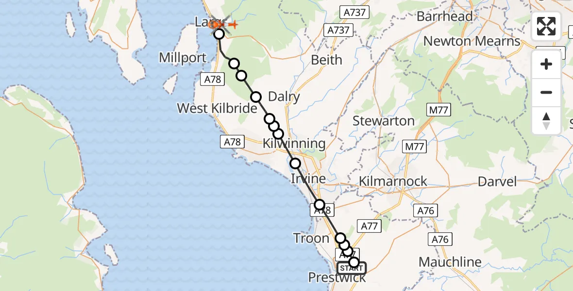 Flight path map showing Coastguard Helicopter route from Glasgow Prestwick Airport to Largs