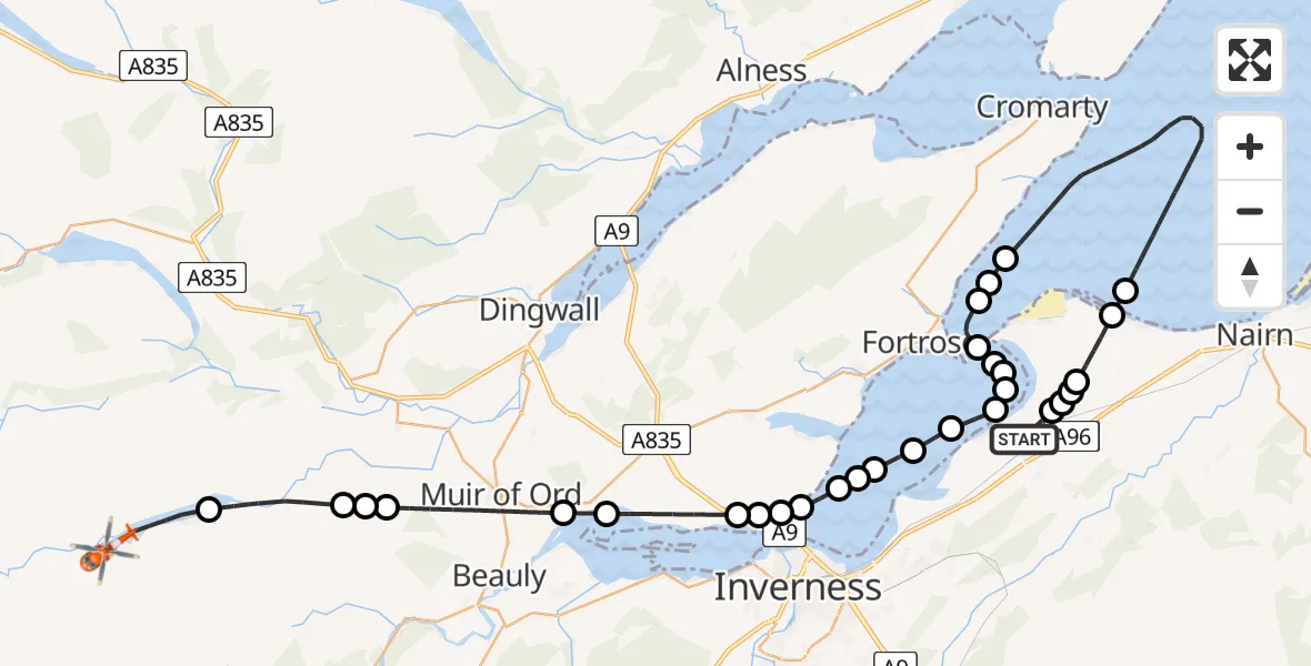 Flight path map showing Coastguard Helicopter route from Inverness Airport to Highland
