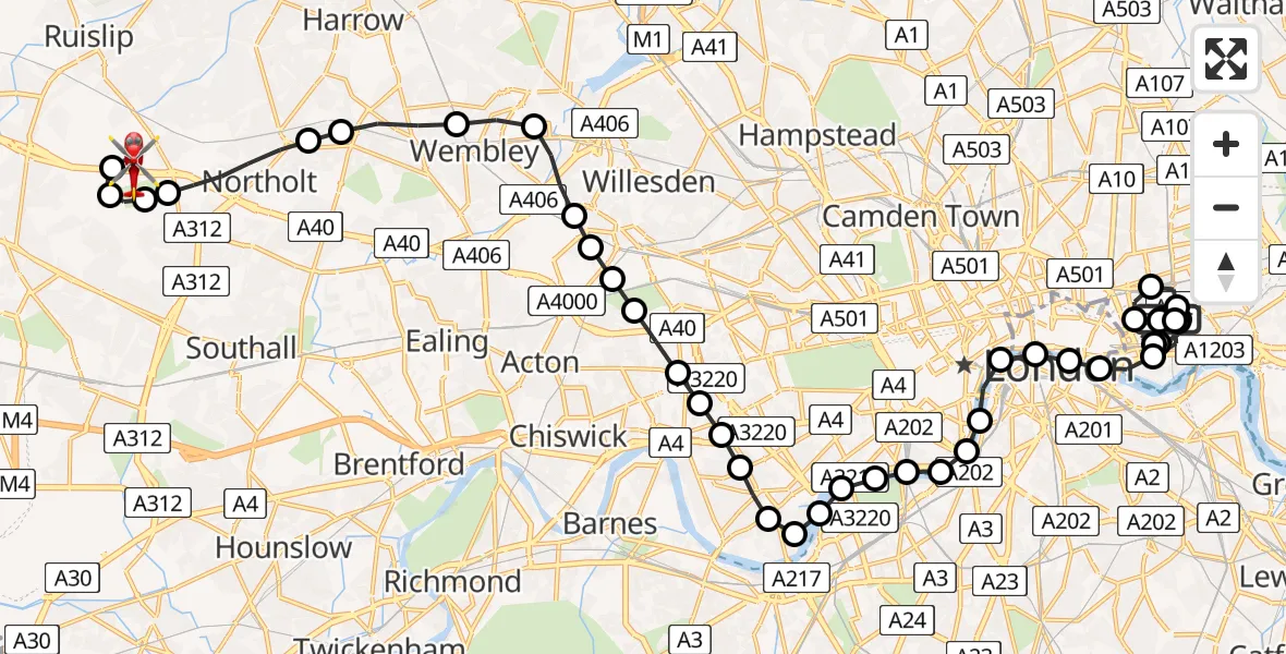 Flight path map showing Air Ambulance Helicopter route from Royal London Hospital to RAF Northolt