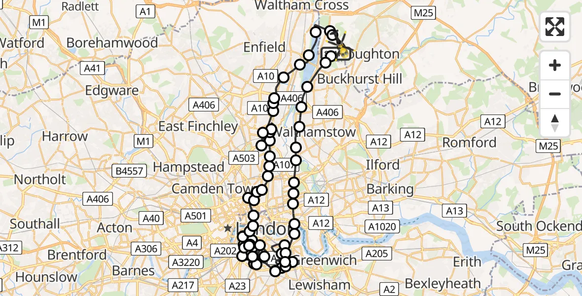 Flight path map showing Police Helicopter route from Sewardstonebury to Metropolitan Police Air Support Unit Lippitts Hill
