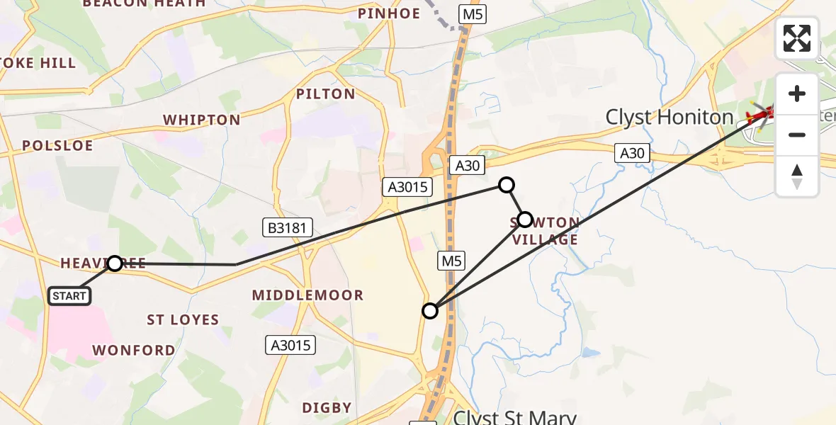 Flight path map showing Air Ambulance Helicopter route from Royal Devon & Exeter Hospital to Exeter International Airport