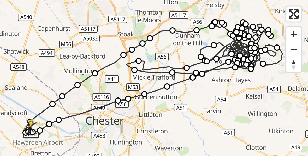 Flight path map showing Police Helicopter route from Hawarden Airport to Sandycroft
