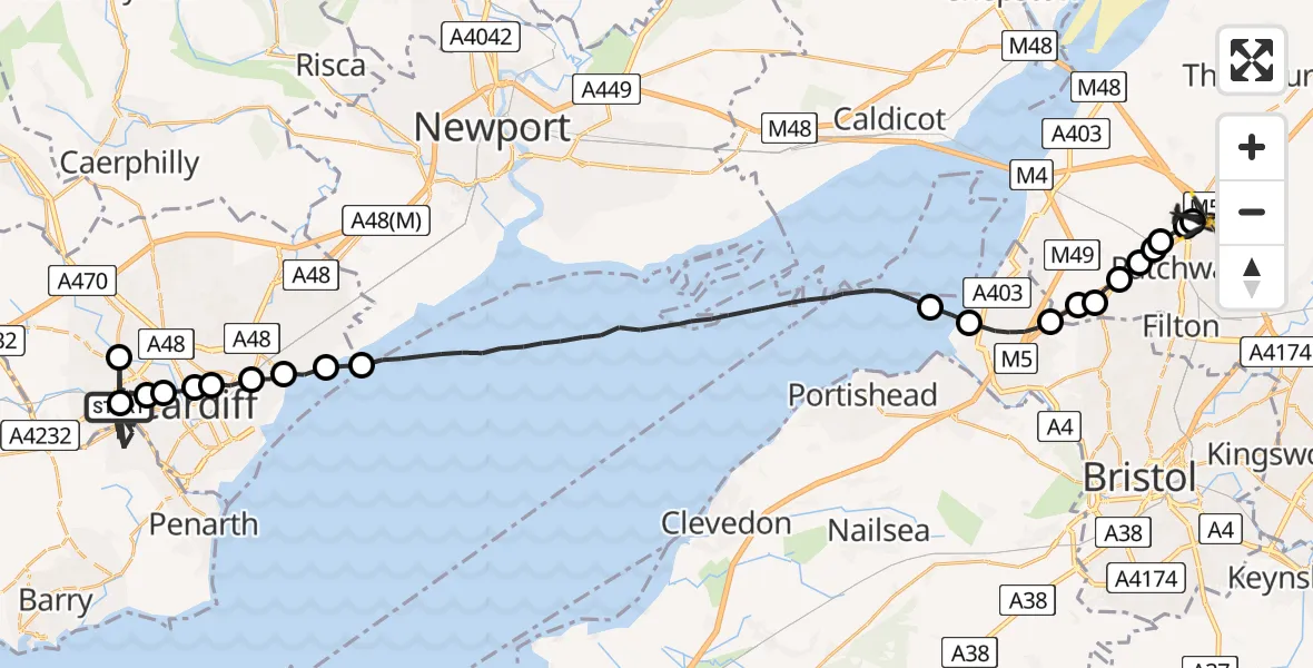 Flight path map showing Police Helicopter route from Caerau to Almondsbury Helicopter Base