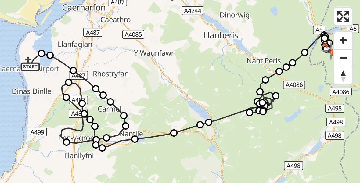 Flight path map showing Coastguard Helicopter route from Caernarfon Airport to Capel Curig