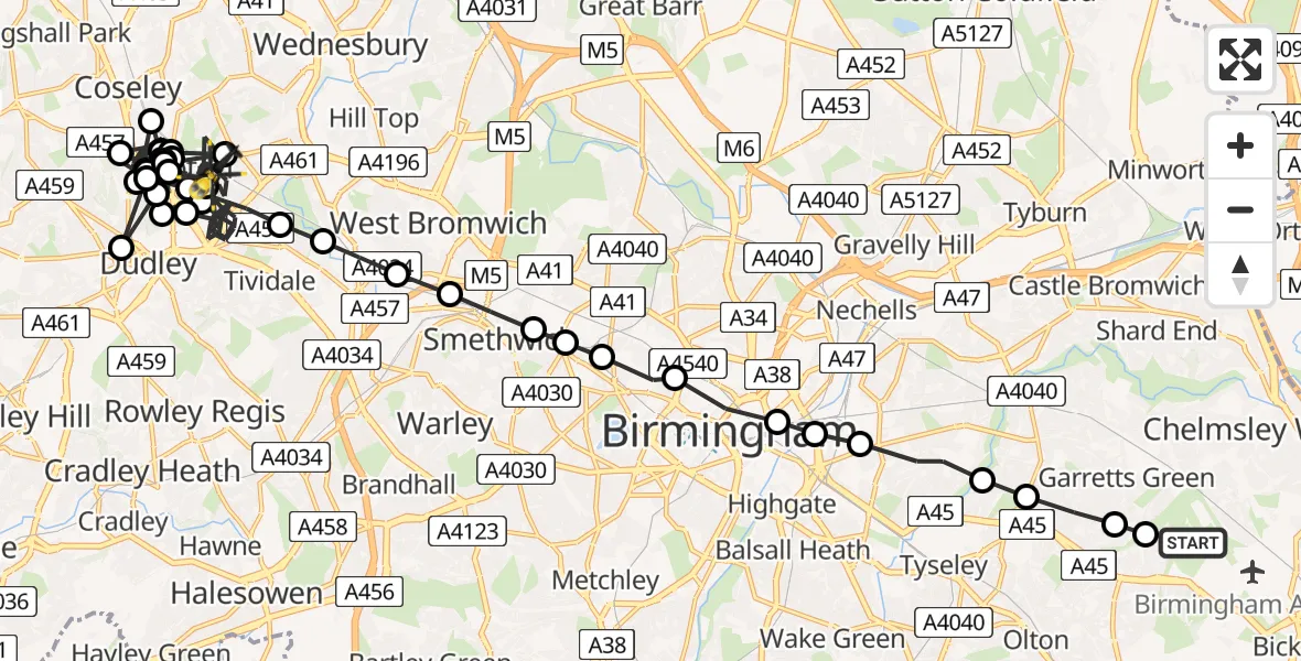 Flight path map showing Police Helicopter route from Birmingham Airport to Tipton