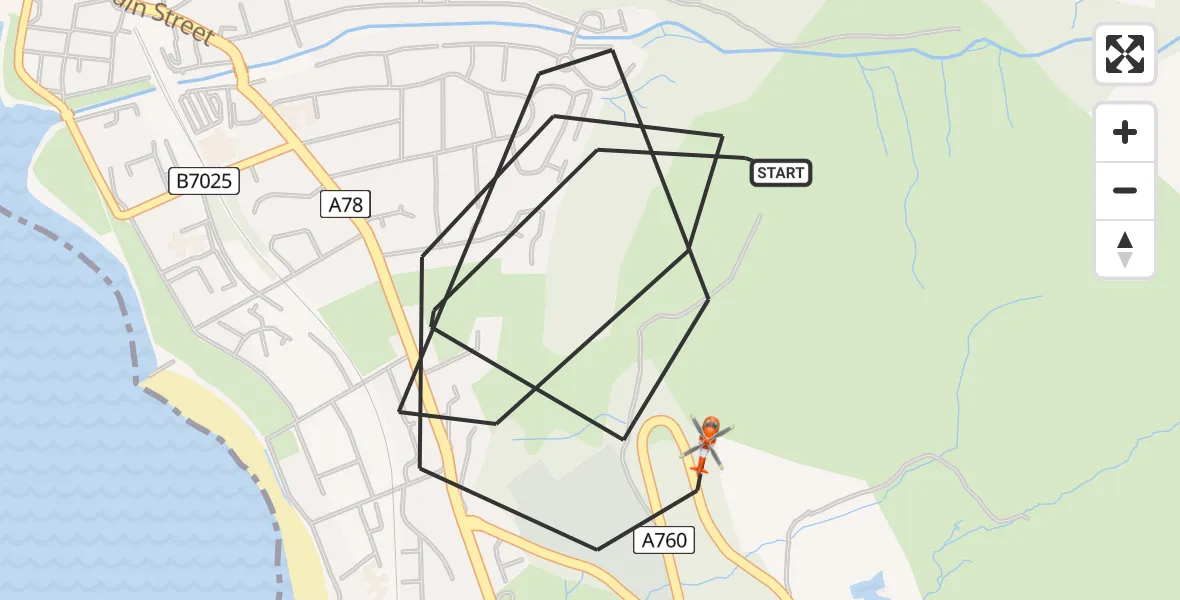 Flight path map showing Coastguard Helicopter route from Largs to Largs