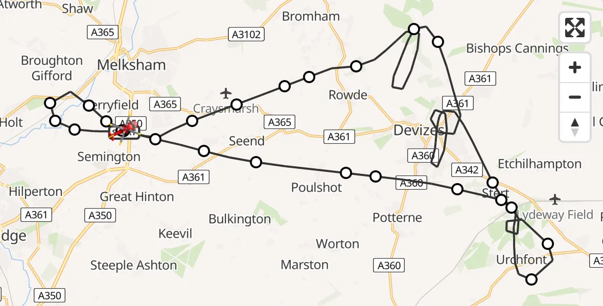 Flight path map showing Air Ambulance Helicopter route from Wiltshire Air Ambulance to Melksham