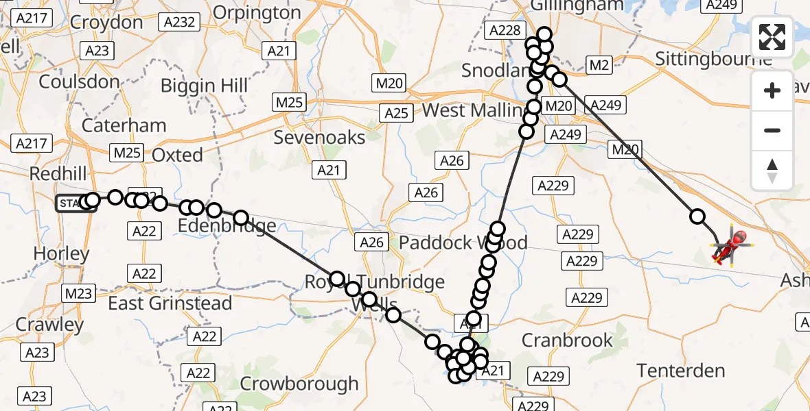Flight path map showing Air Ambulance Helicopter route from Redhill Aerodrome to Ashford