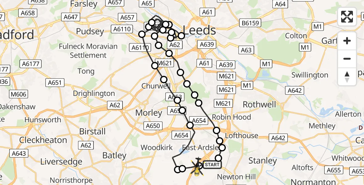 Flight path map showing Police Helicopter route from Wrenthorpe to Wrenthorpe