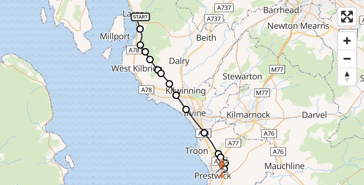 Flight path map showing Coastguard Helicopter route from Largs to Glasgow Prestwick Airport