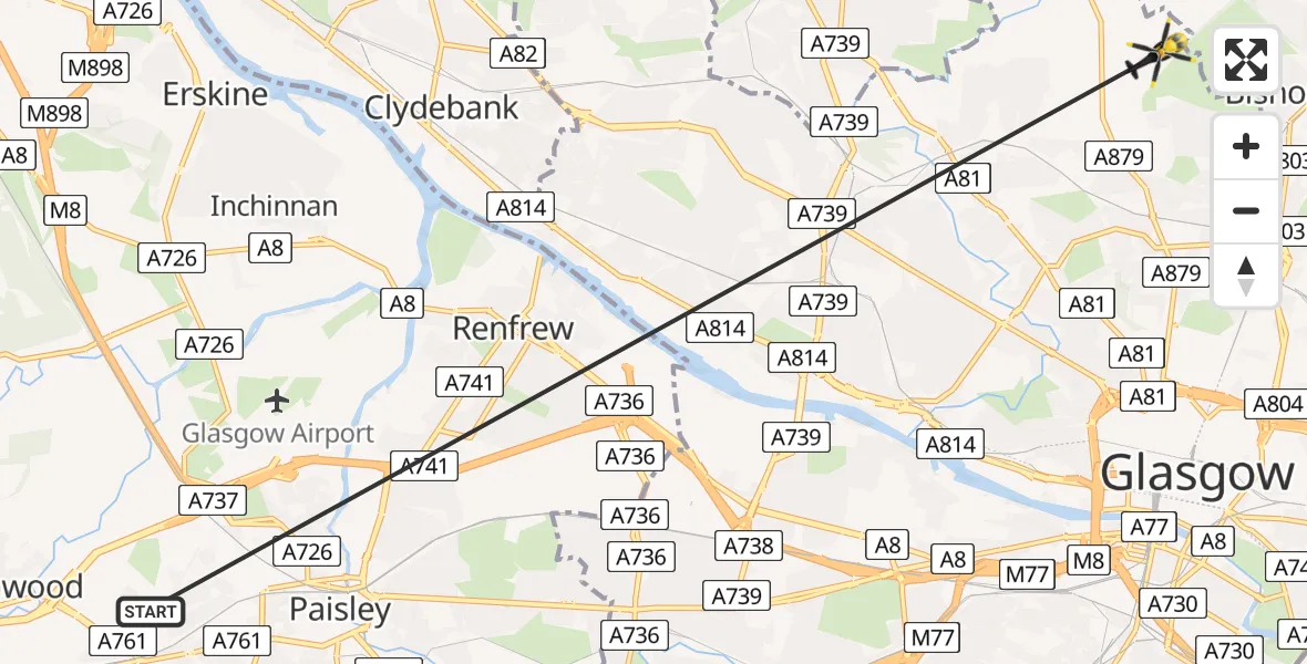 Flight path map showing Police Helicopter route from Elderslie to Glasgow