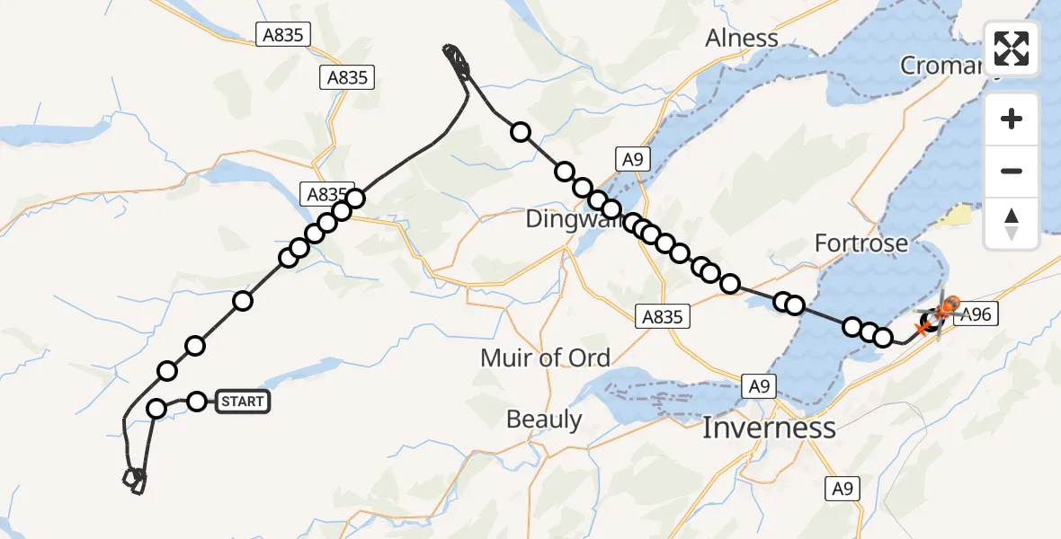 Flight path map showing Coastguard Helicopter route from Highland to Inverness Airport