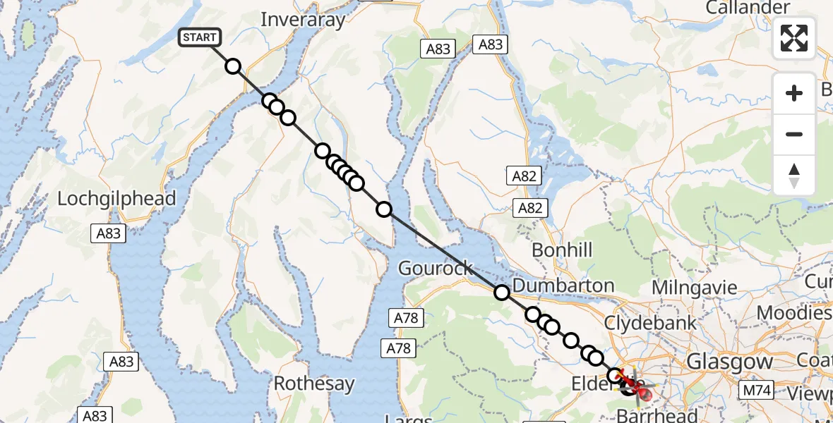 Flight path map showing Air Ambulance Helicopter route from Argyll and Bute to Royal Alexandria Hospital Paisley
