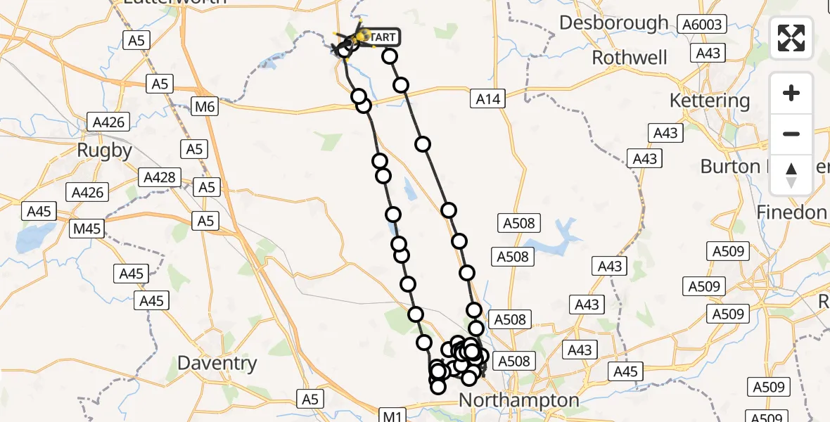 Flight path map showing Police Helicopter route from Sibbertoft to Harborough