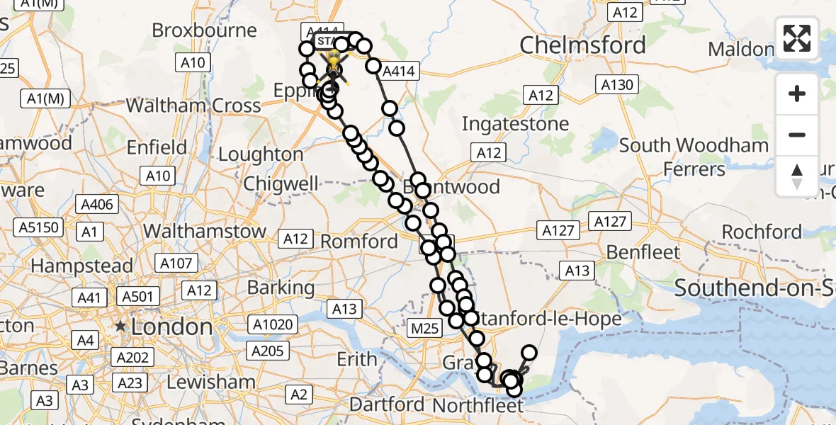 Flight path map showing Police Helicopter route from North Weald Bassett to Coopersale
