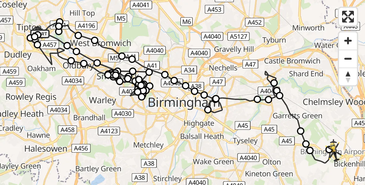Flight path map showing Police Helicopter route from Tipton to Birmingham Airport