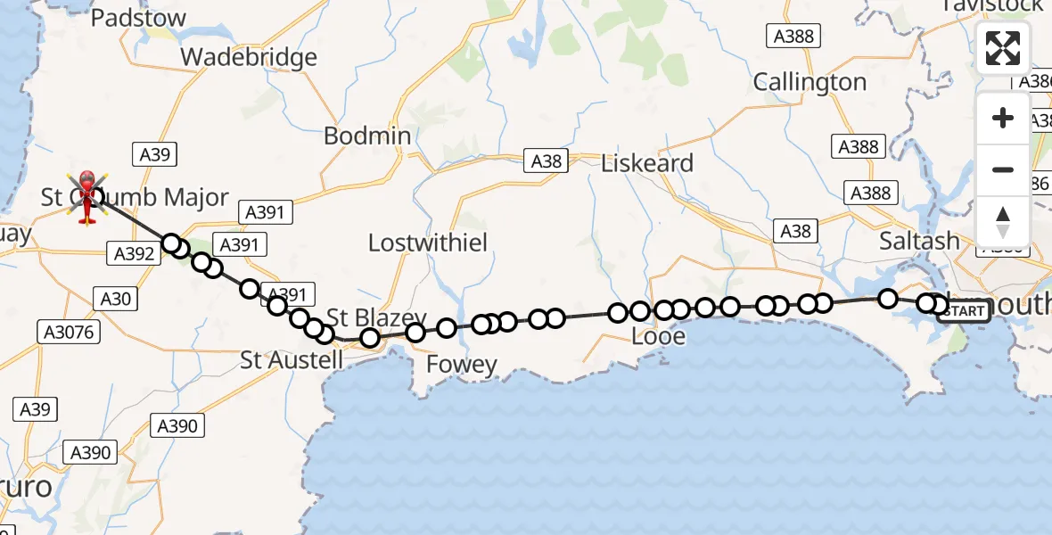 Routekaart van de vlucht: Air Ambulance Helicopter to Cornwall Airport Newquay