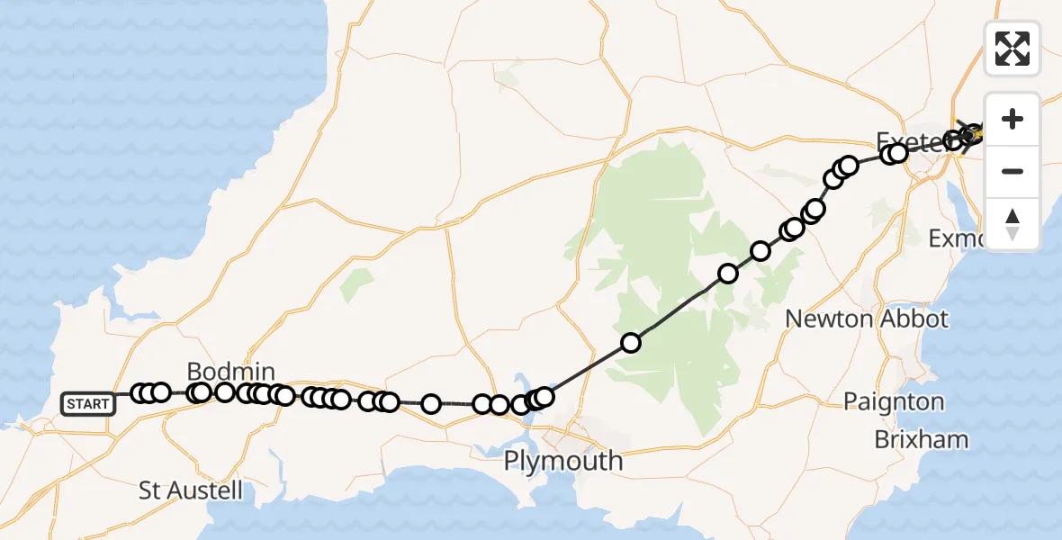 Flight path map showing Police Helicopter route from St. Columb Major to Exeter International Airport