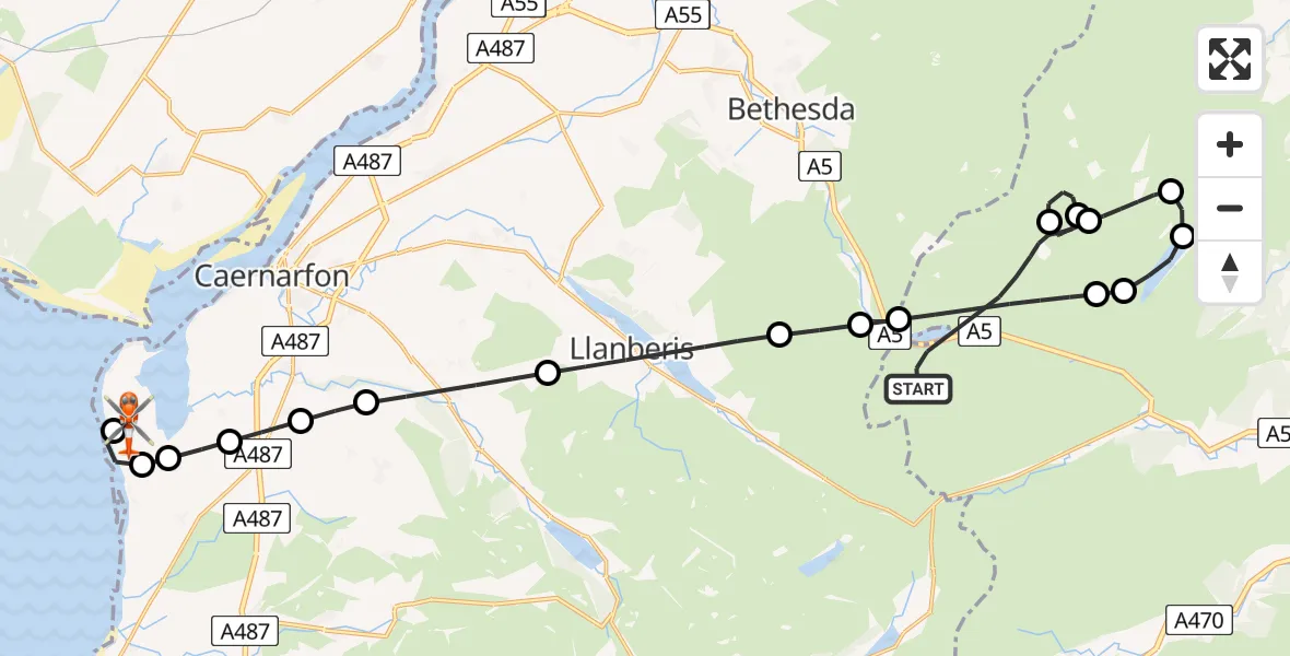 Flight path map showing Coastguard Helicopter route from Capel Curig to Caernarfon Airport