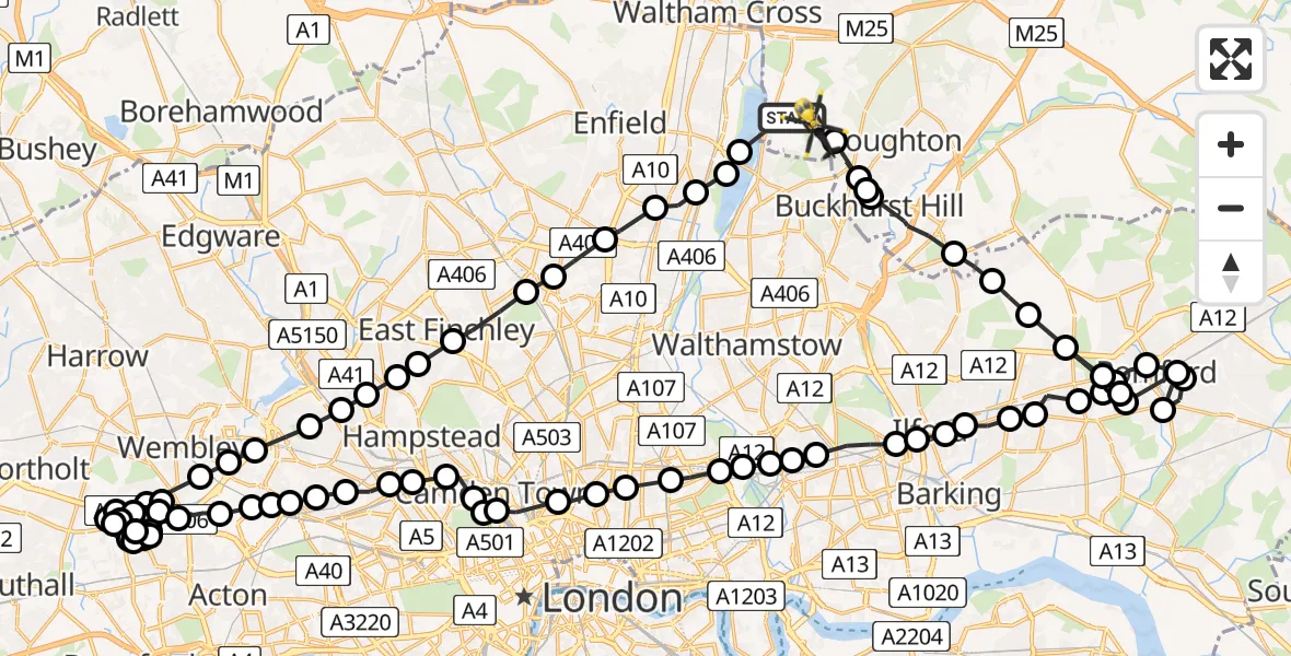 Flight path map showing Police Helicopter route from Sewardstonebury to Sewardstonebury