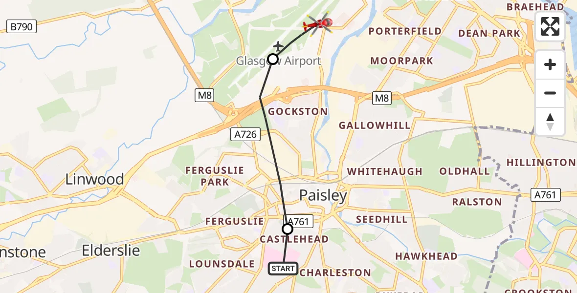 Flight path map showing Air Ambulance Helicopter route from Royal Alexandria Hospital Paisley to Glasgow Airport
