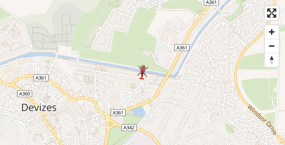 Flight path map showing Air Ambulance Helicopter route from Devizes to Devizes