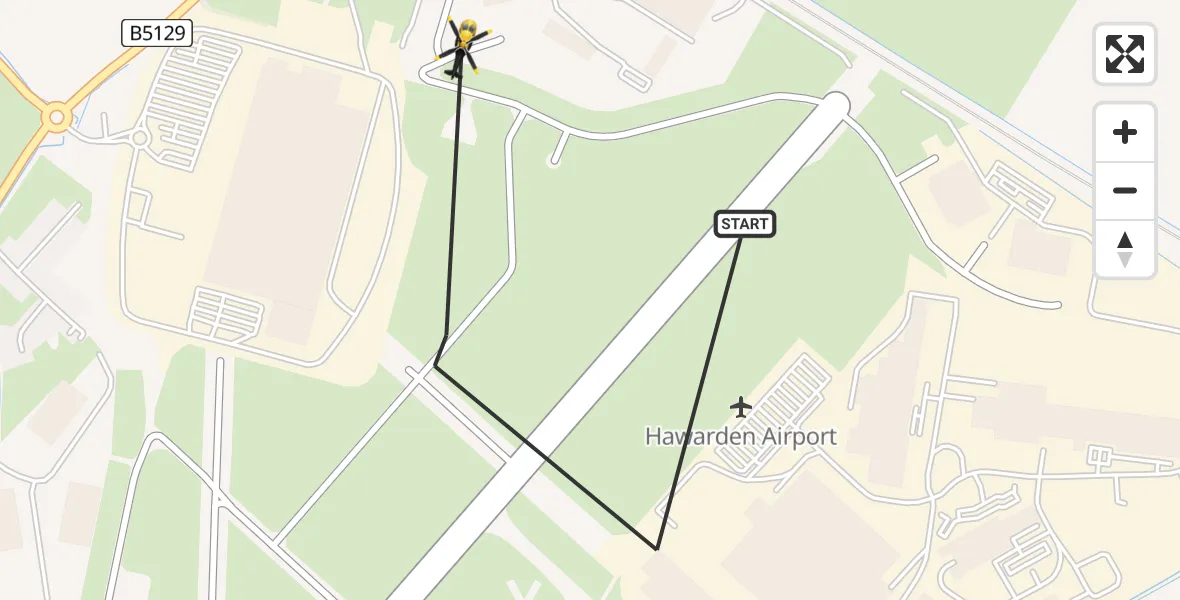 Flight path map showing Police Helicopter route from Hawarden Airport to Hawarden Airport
