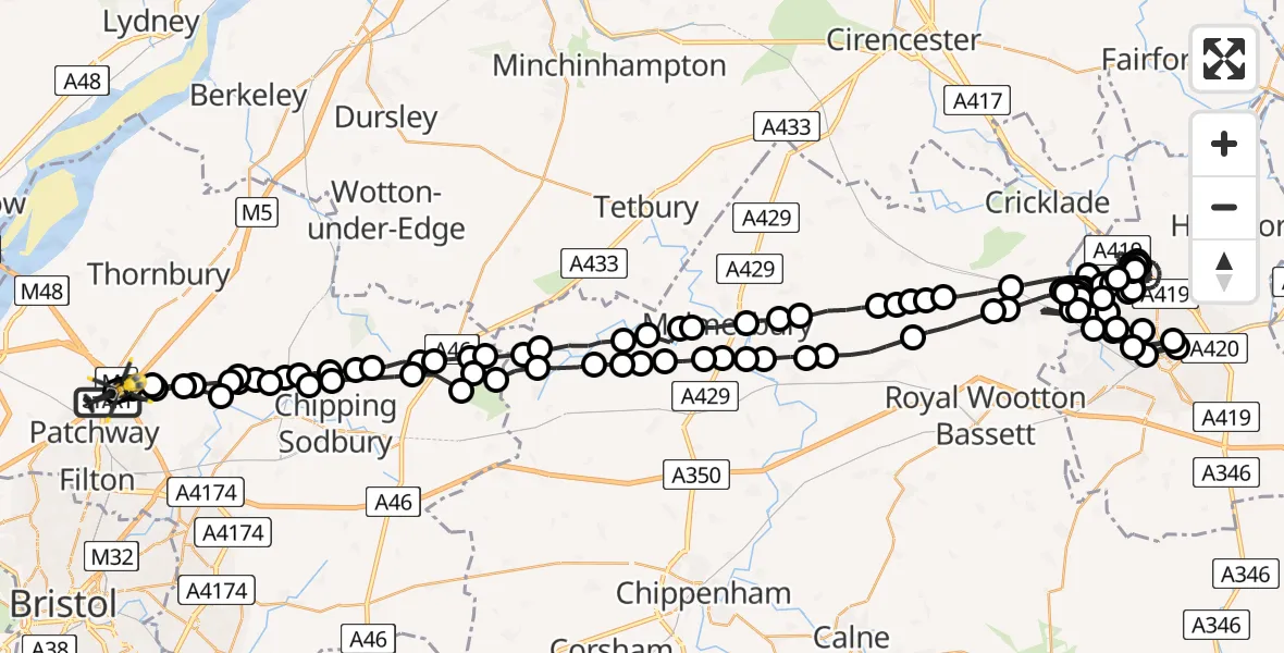 Flight path map showing Police Helicopter route from Almondsbury Helicopter Base to Almondsbury Helicopter Base