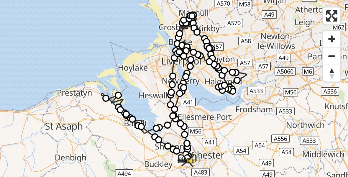Flight path map showing Police Helicopter route from Hawarden Airport to Hawarden Airport