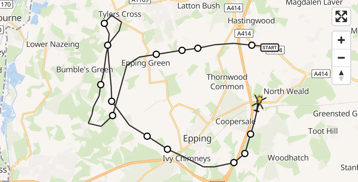 Flight path map showing Police Helicopter route from North Weald Airfield to Coopersale
