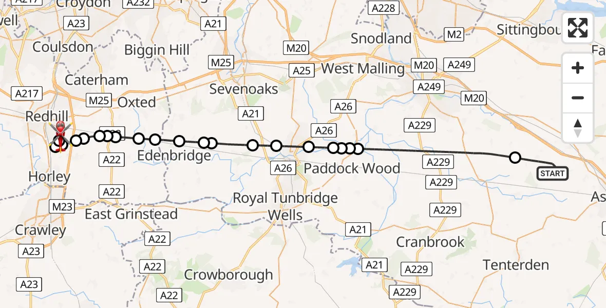 Flight path map showing Air Ambulance Helicopter route from Ashford to Redhill Aerodrome