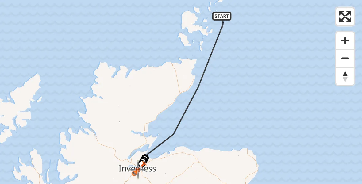 Flight path map showing Coastguard Helicopter route from North Sea to Inverness