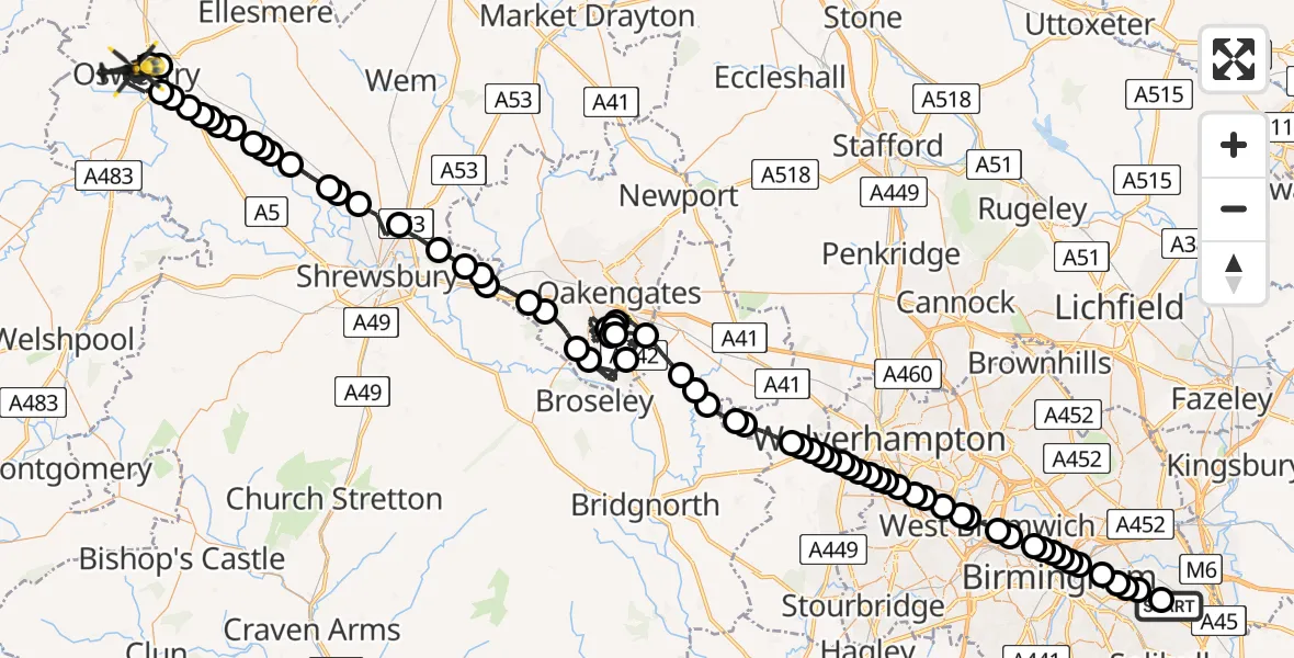 Flight path map showing Police Helicopter route from Garretts Green to Oswestry