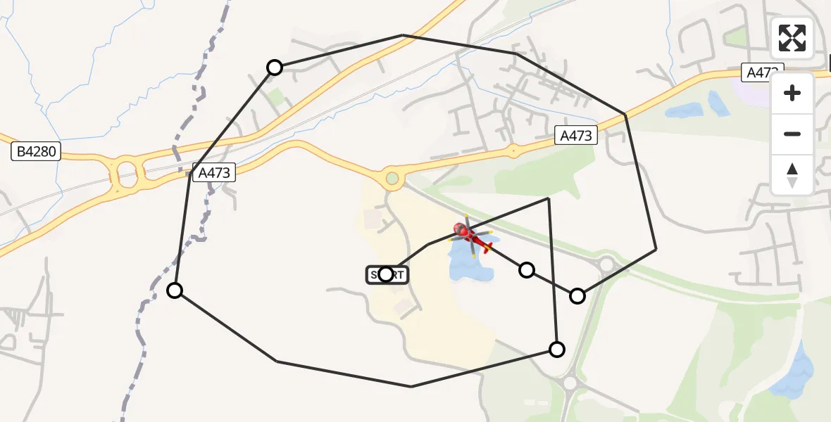 Flight path map showing Air Ambulance Helicopter route from Llanilid to Brynna