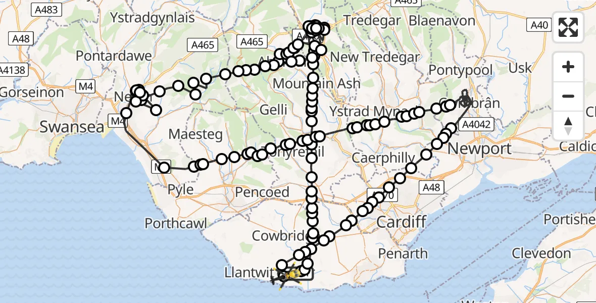 Flight path map showing Police Helicopter route from MOD St Athan to MOD St Athan