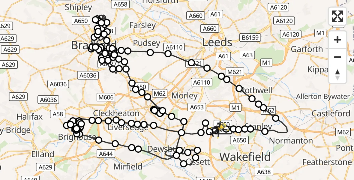 Flight path map showing Police Helicopter route from Brandy Carr to Wrenthorpe