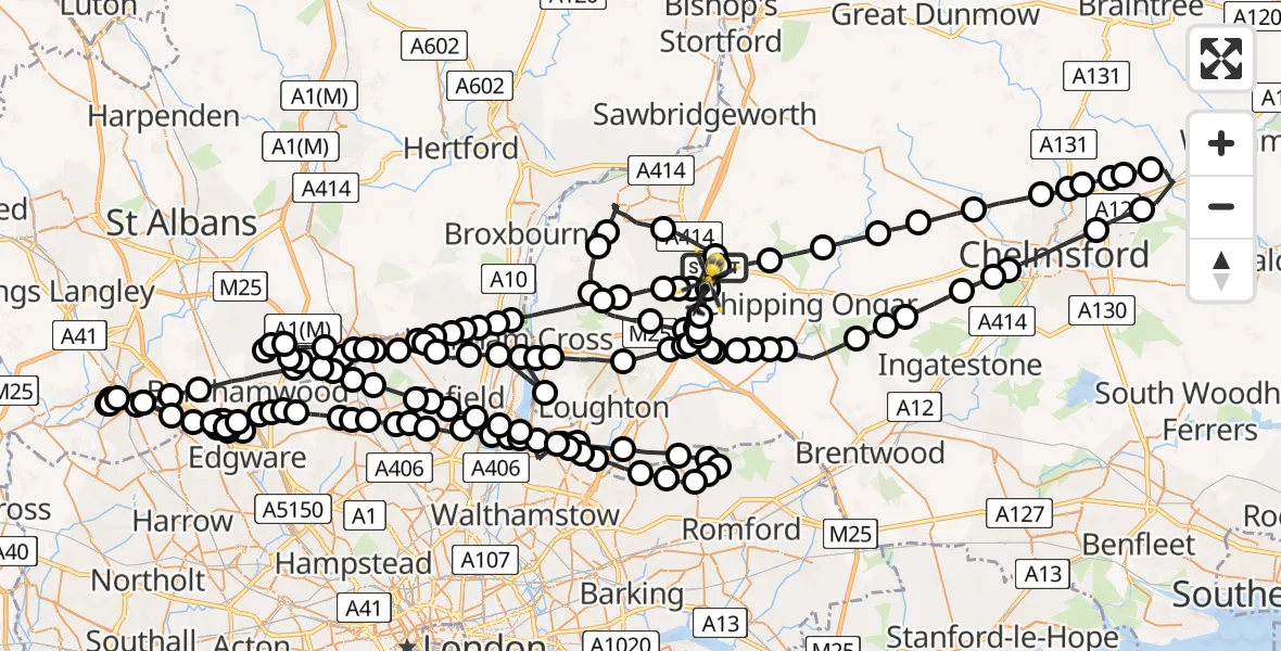 Flight path map showing Police Helicopter route from North Weald Airfield to North Weald Airfield
