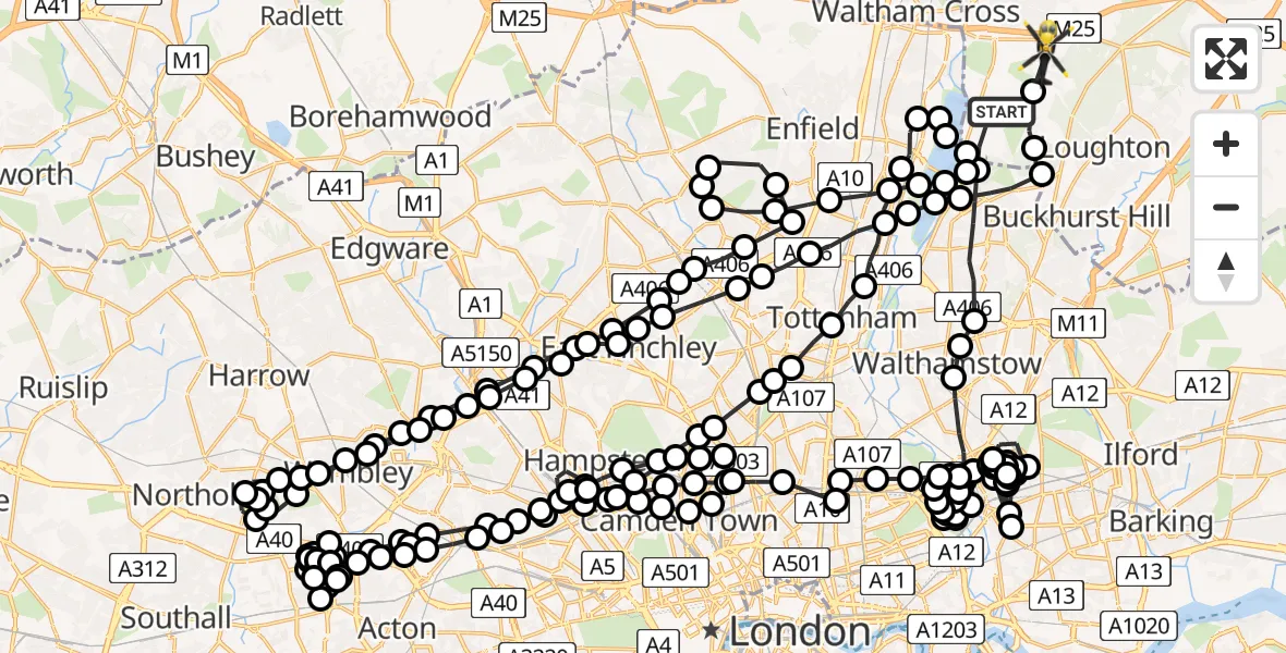 Flight path map showing Police Helicopter route from Sewardstonebury to Epping Forest
