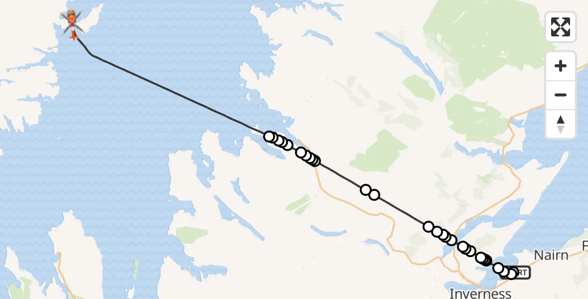 Flight path map showing Coastguard Helicopter route from Inverness Airport to Inner Seas