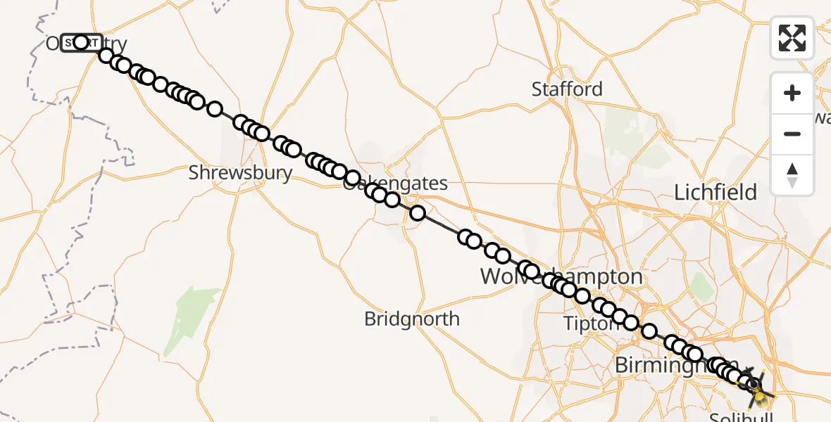 Flight path map showing Police Helicopter route from Oswestry to Birmingham Airport