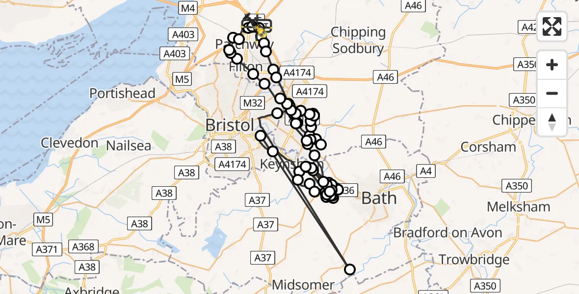 Flight path map showing Police Helicopter route from Almondsbury Helicopter Base to Almondsbury Helicopter Base