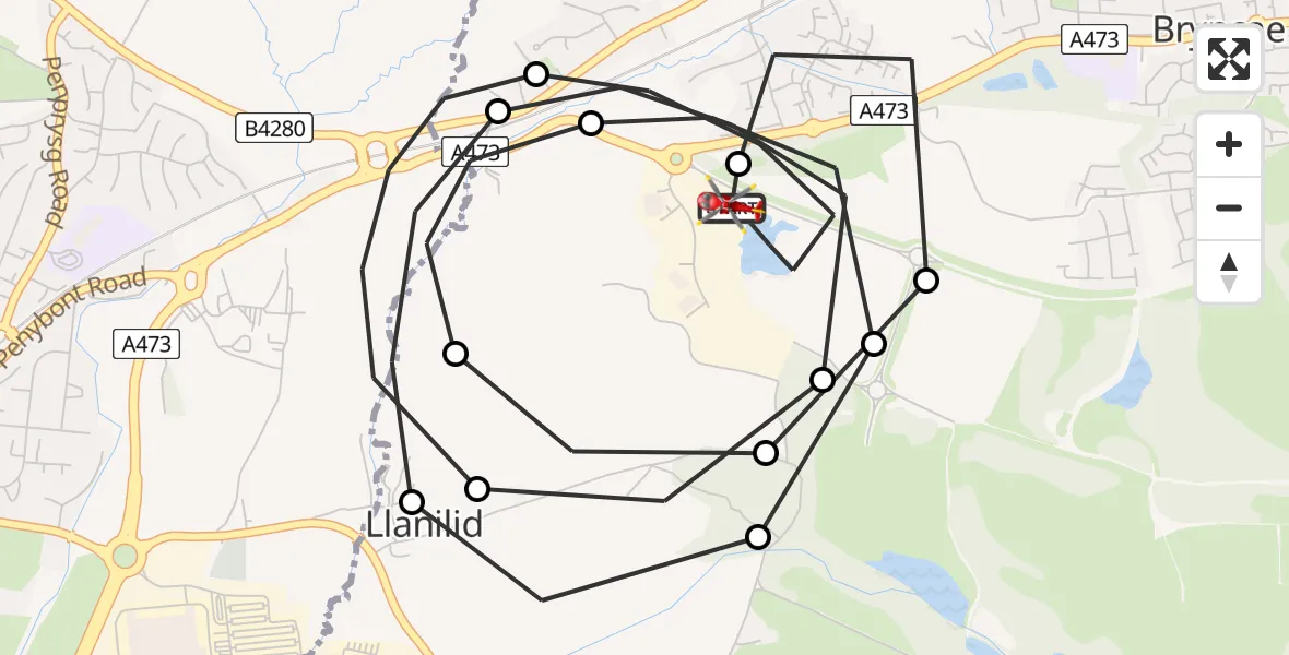 Flight path map showing Air Ambulance Helicopter route from Llanilid to Brynna