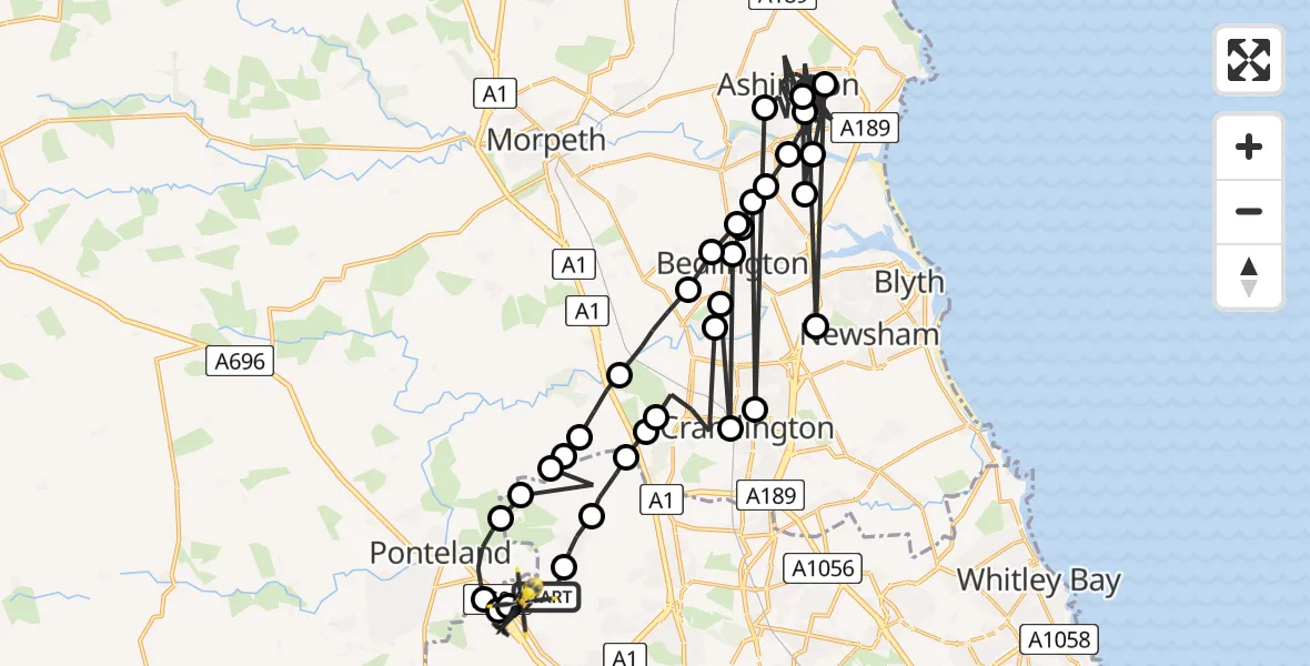 Flight path map showing Police Helicopter route from Newcastle International Airport to Newcastle International Airport