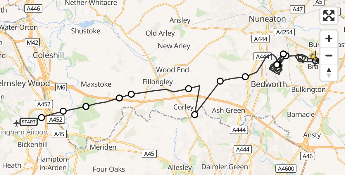 Flight path map showing Police Helicopter route from Birmingham Airport to Nuneaton and Bedworth