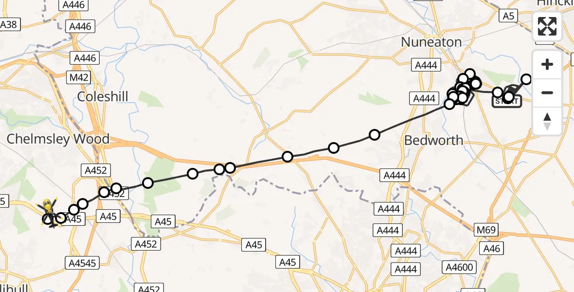 Flight path map showing Police Helicopter route from Nuneaton and Bedworth to Birmingham Airport