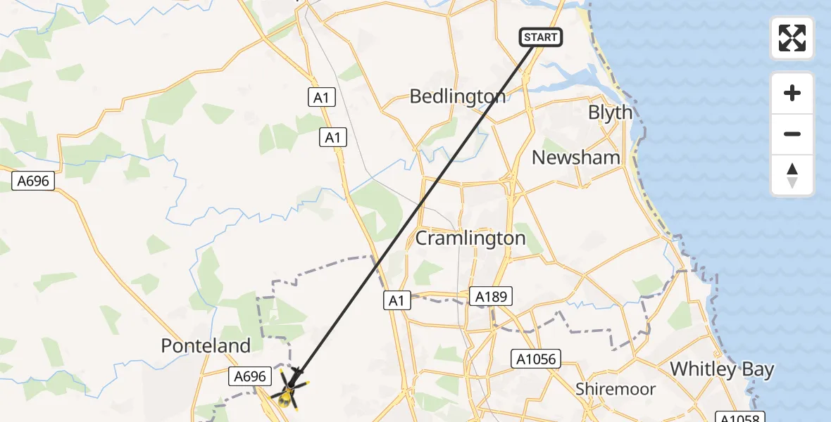 Flight path map showing Police Helicopter route from West Sleekburn to Newcastle International Airport